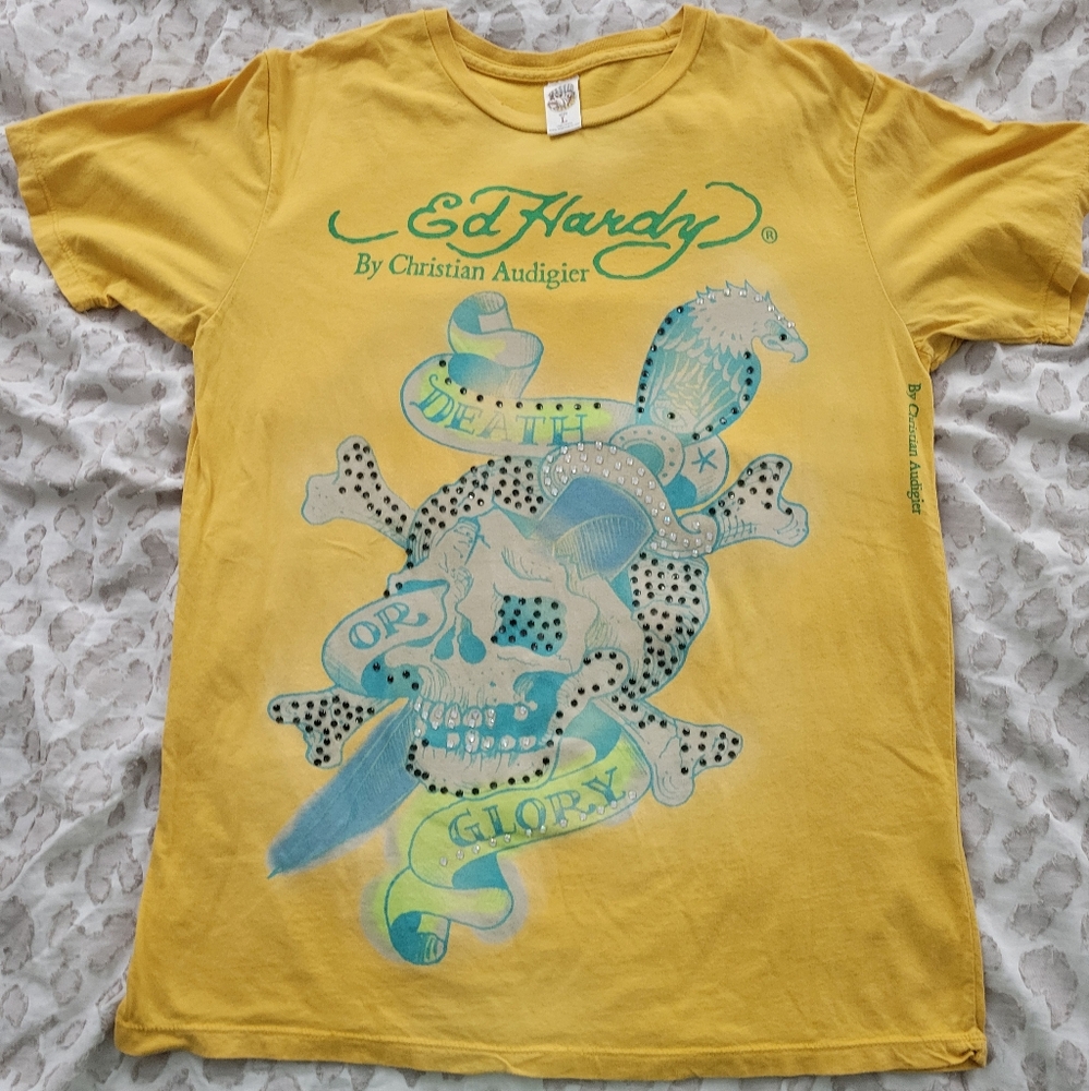 Y2K DON ED HARDY by Christian Audigier Yellow Tee Men Large